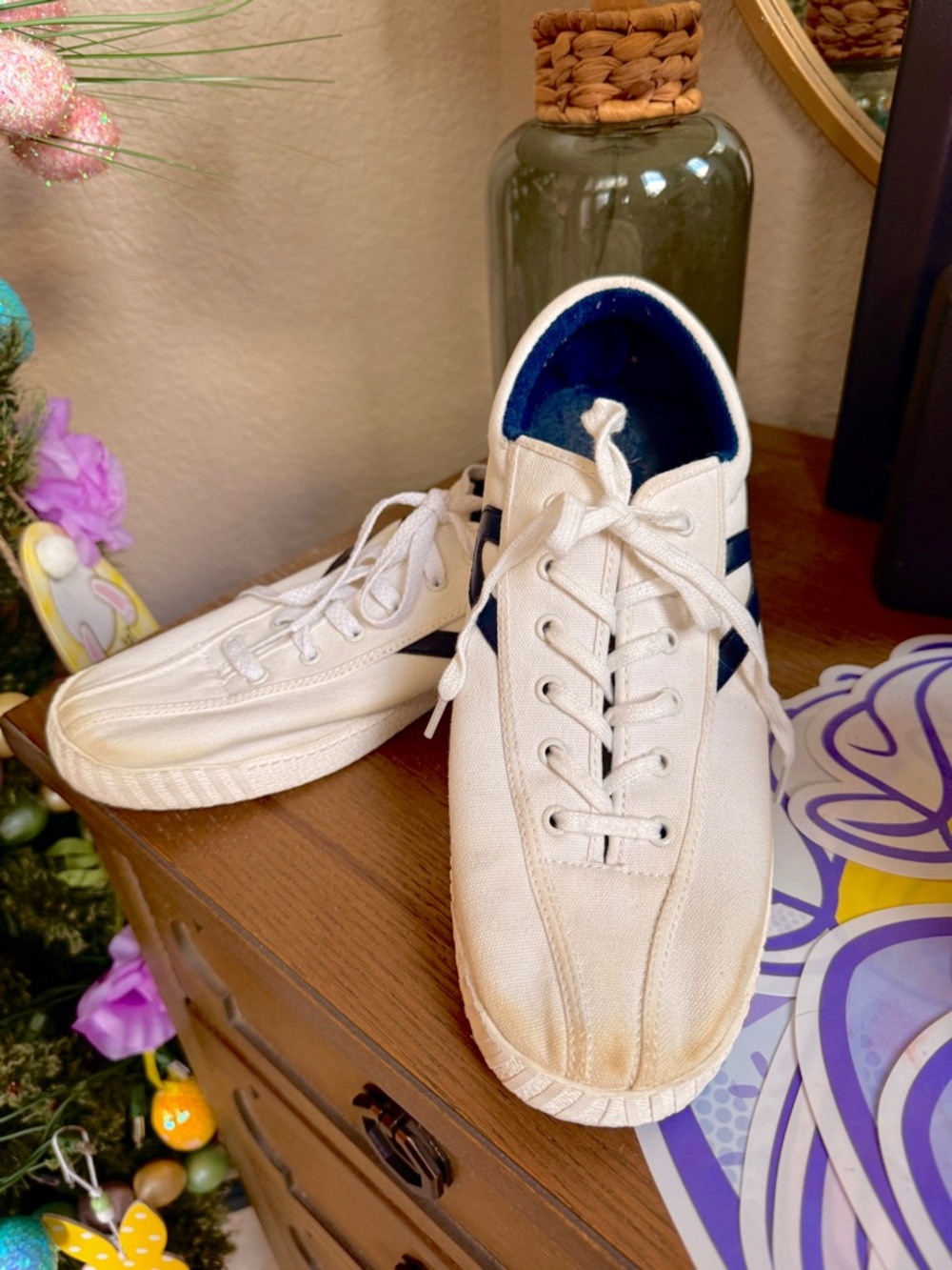 Tretorn Canvas Sneakers in White with Navy Stripe